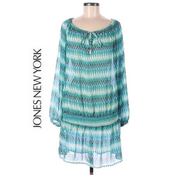 JONES NEW YORK, Teal Boho print tunic top with long sleeves - Picture 1 of 12